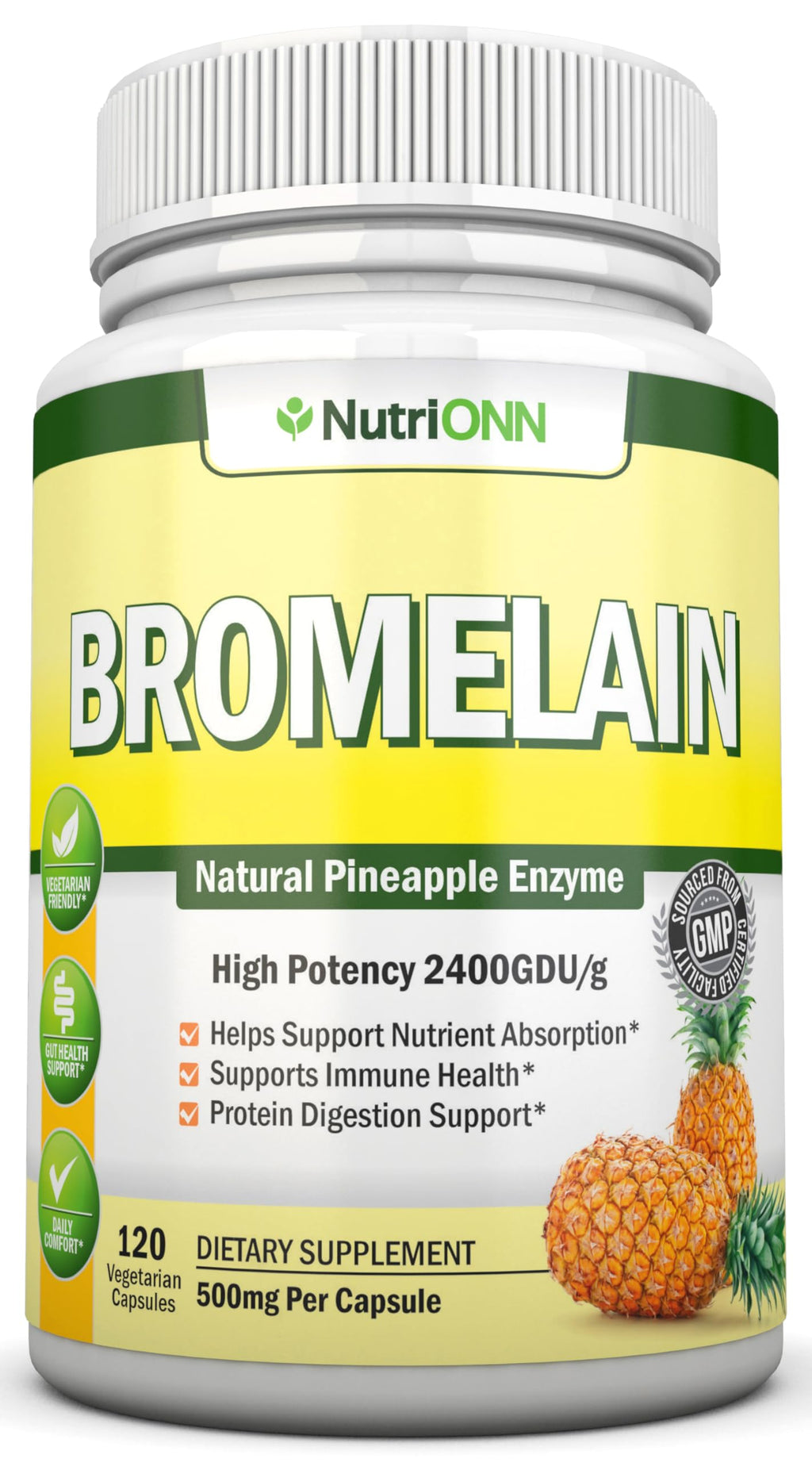 NutriONN Bromelain 500mg Enzyme Extract - 120 Vegetarian Capsules