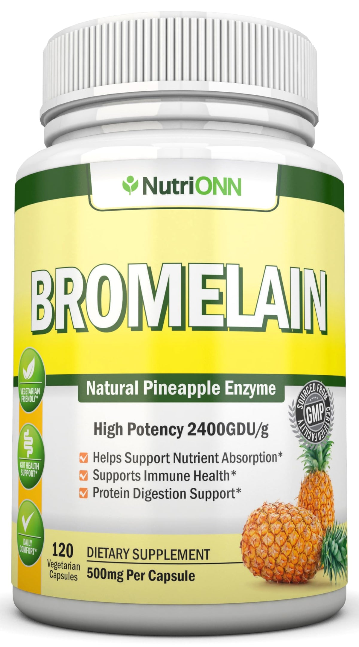NutriONN Bromelain 500mg Enzyme Extract - 120 Vegetarian Capsules