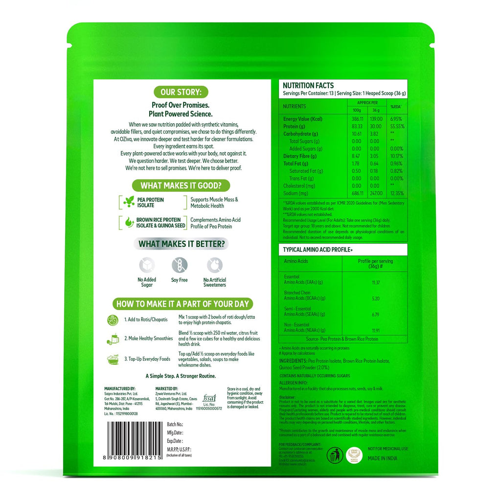 OZiva Organic Plant Protein Powder Unflavored - 500g - image 9