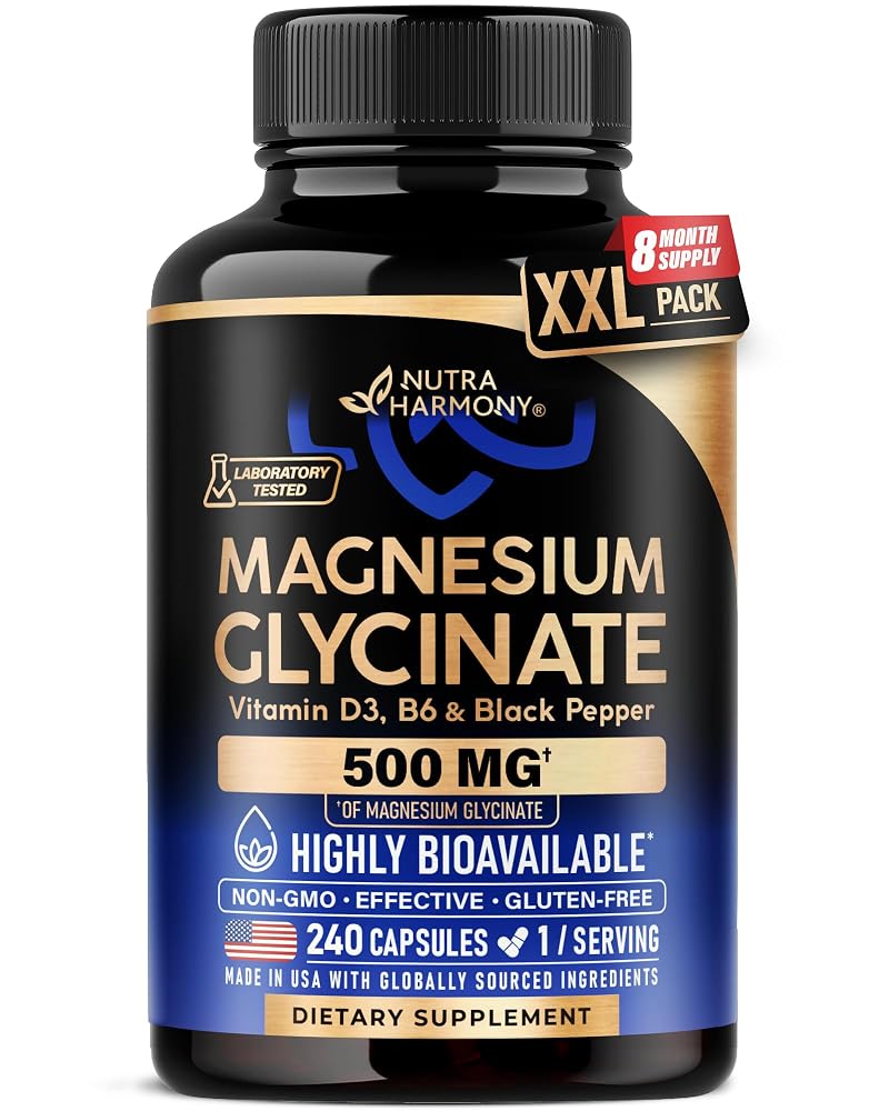 NUTRAHARMONY Magnesium Glycinate 500 mg - Chelated Supplement - High