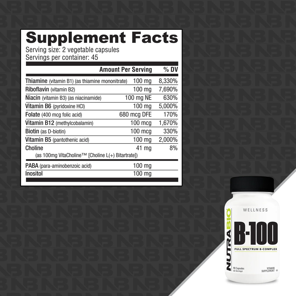 NutraBio B-100 B Vitamin Complex - 90 Vegetable Capsules - image 2