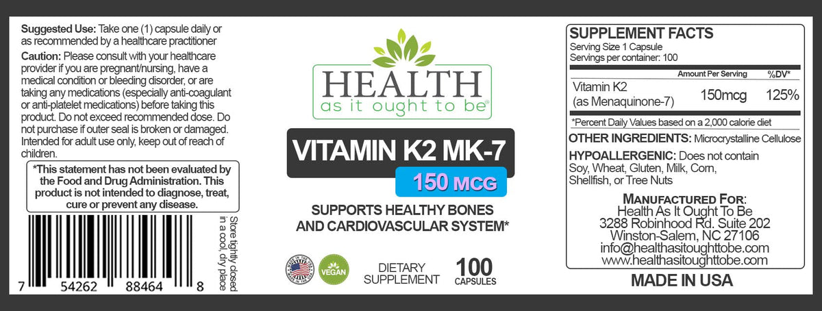 Health As It Ought To Be Vitamin K2 MK-7 150mcg - 100 Capsules - image 2
