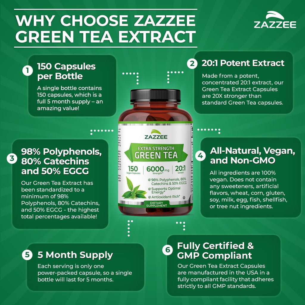 Zazzee Extra Strength Green Tea 20:1 Extract - 150 Vegan Capsules - image 5