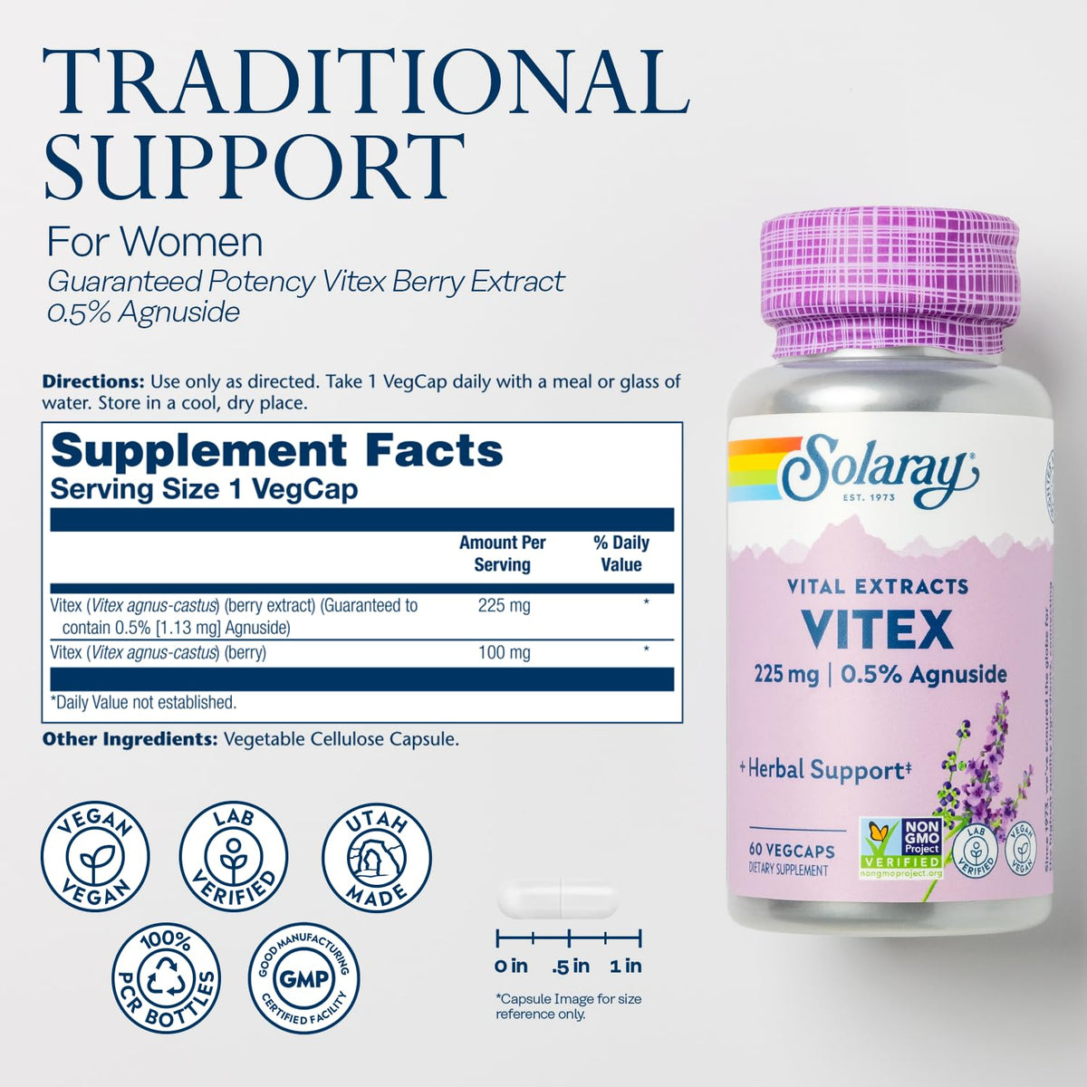 SOLARAY Vitex Berry Extract 225 mg Chasteberry - 60 Vegetarian Capsules - image 2