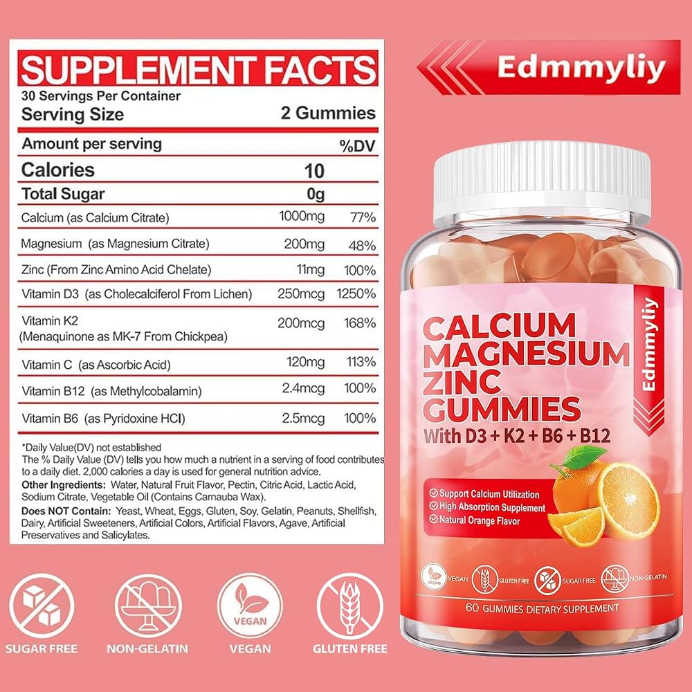 Edmmyliy Calcium Magnesium Zinc Gummies with Vitamin D3 & B12 - 120 Gummies - image 2