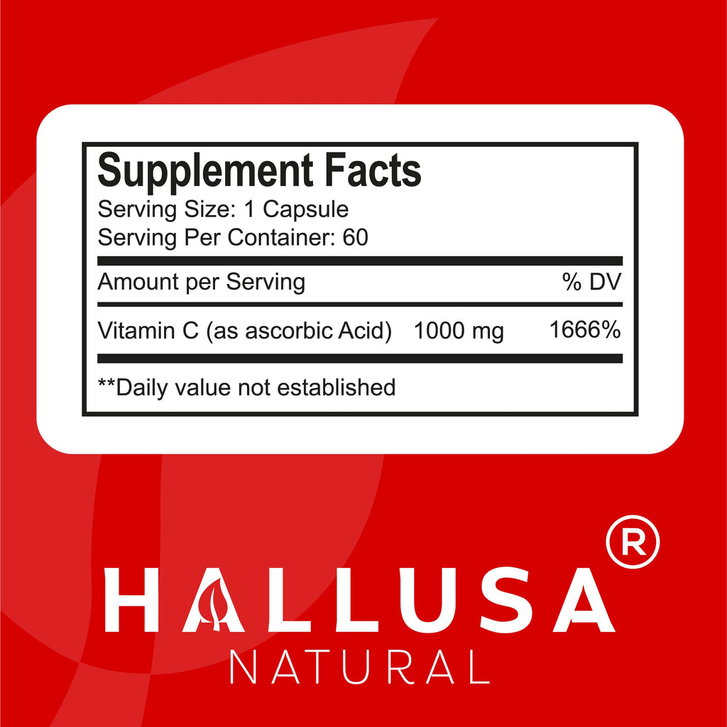 Hallusa Natural Vitamin C 1000mg Immune & Antioxidant Support - 60 Capsules - image 3