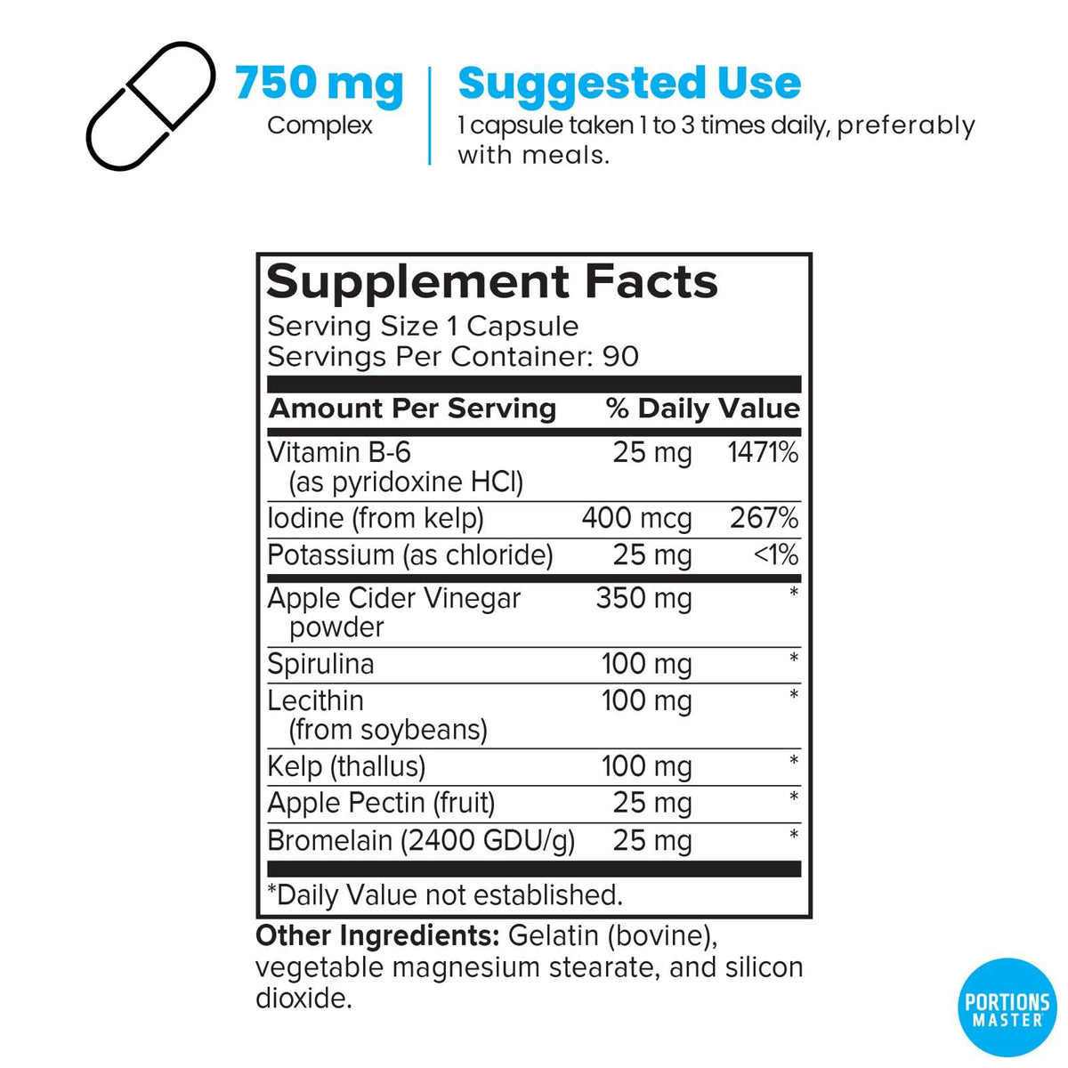 Portions Master Apple Cider Vinegar Pills 750mg - 90 Capsules - image 2