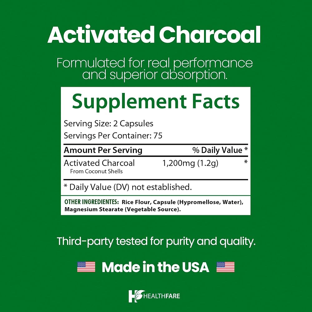 Healthfare Activated Charcoal 1200mg - 150 Vegetarian Capsules - image 3
