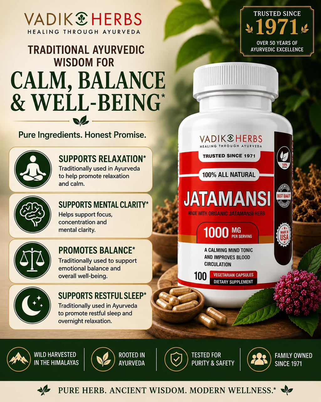 Vadik Herbs Jatamansi Capsules 1000mg for Sleep - 100 Vegetarian Capsules - image 3