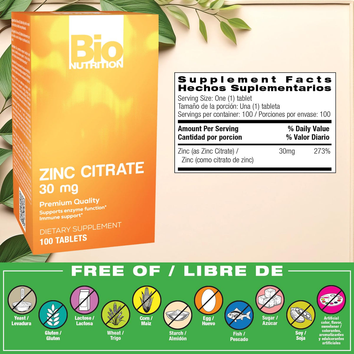 Bio Nutrition Zinc Citrate 30 mg - 100 Tablets - image 2