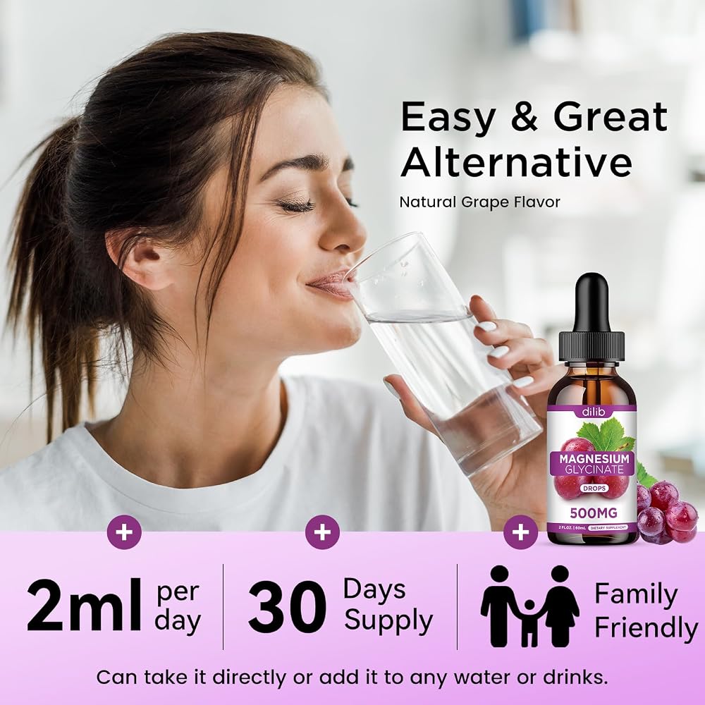 2 Pack Magnesium Glycinate Liquid Drops, Magnesium Glycinate Supplement 500mg with Calcium, Zinc, Vitamin B6, D3, L-Theanine, Omega 3 for Sleep, Mood, Stress Relief, Bone, Muscle, Grape Flavor 4 Fl Oz - image 6