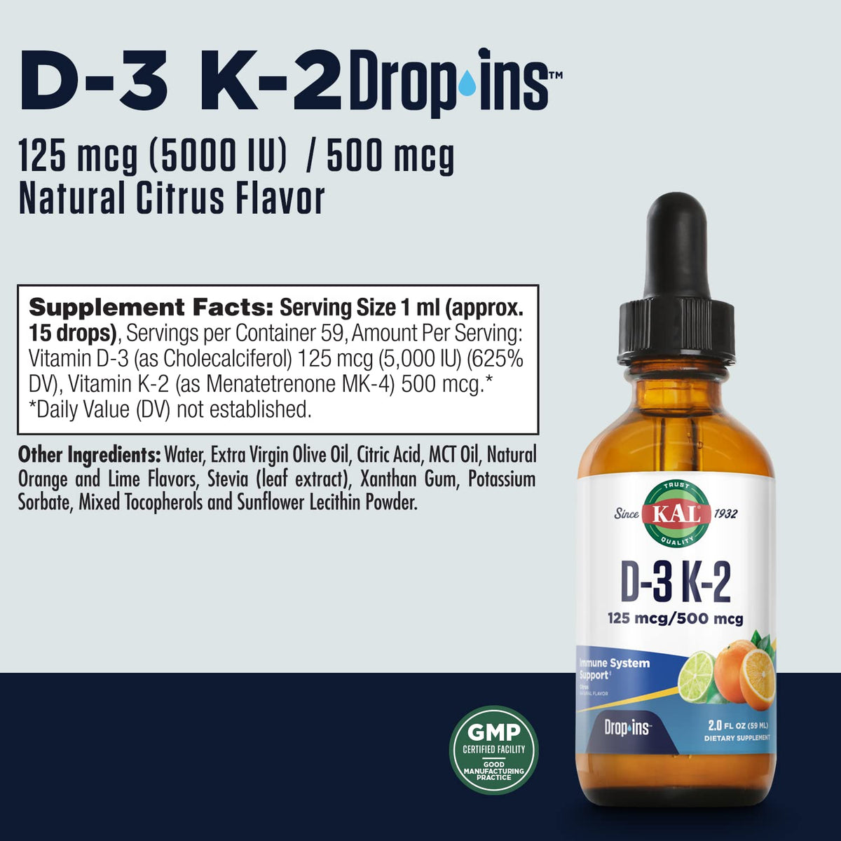 KAL D3 K2 DropIns 5000 IU/500 mcg Bone Support - 2 fl oz - image 2