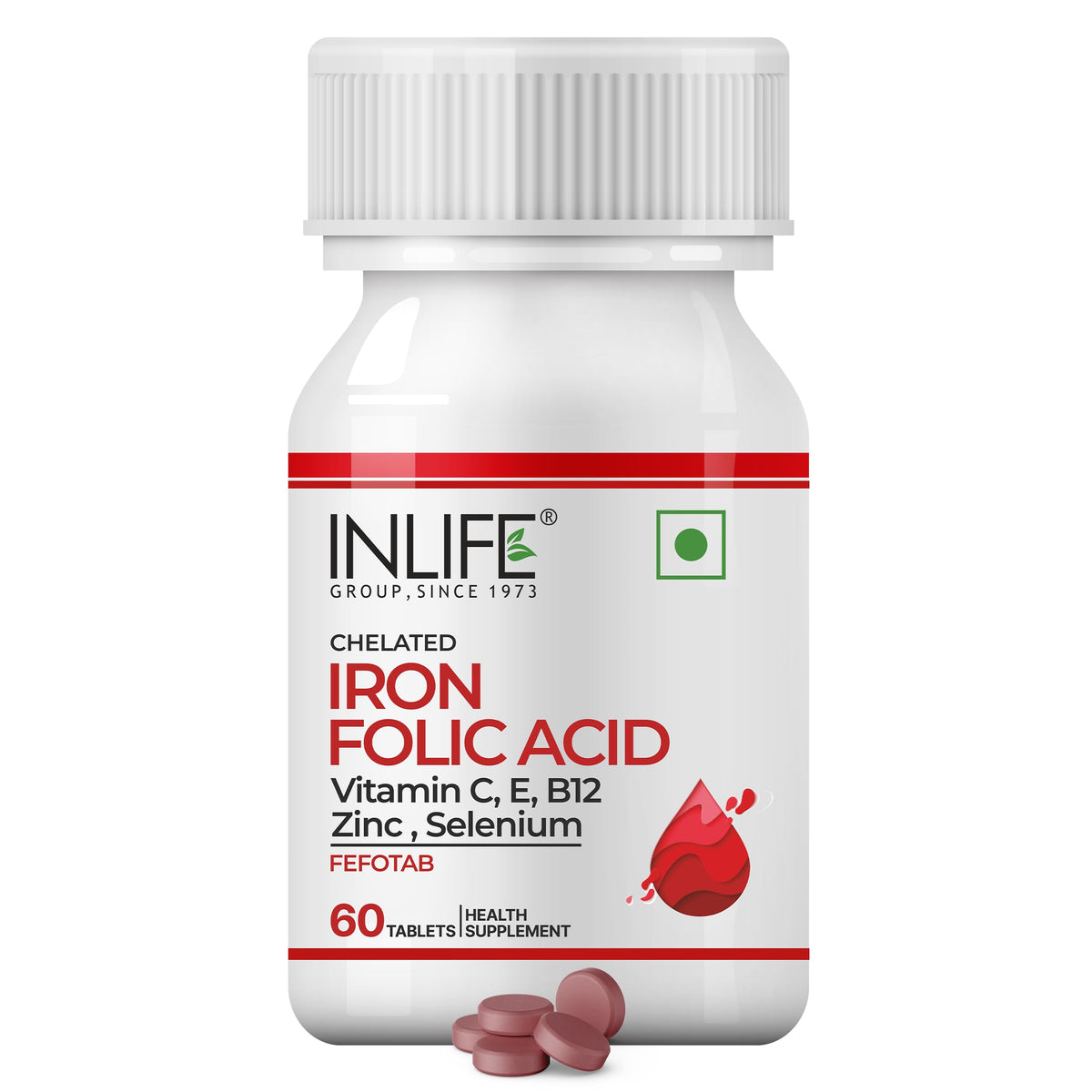 INLIFE Chelated Iron Folic Acid Supplement - 60 Tablets