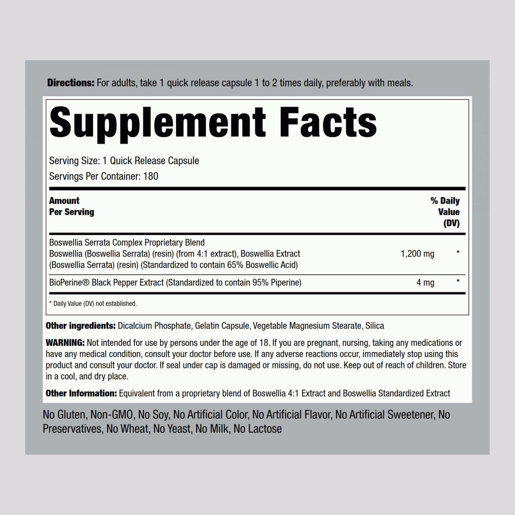 Piping Rock Boswellia Extract Capsules - 180 Count - image 2