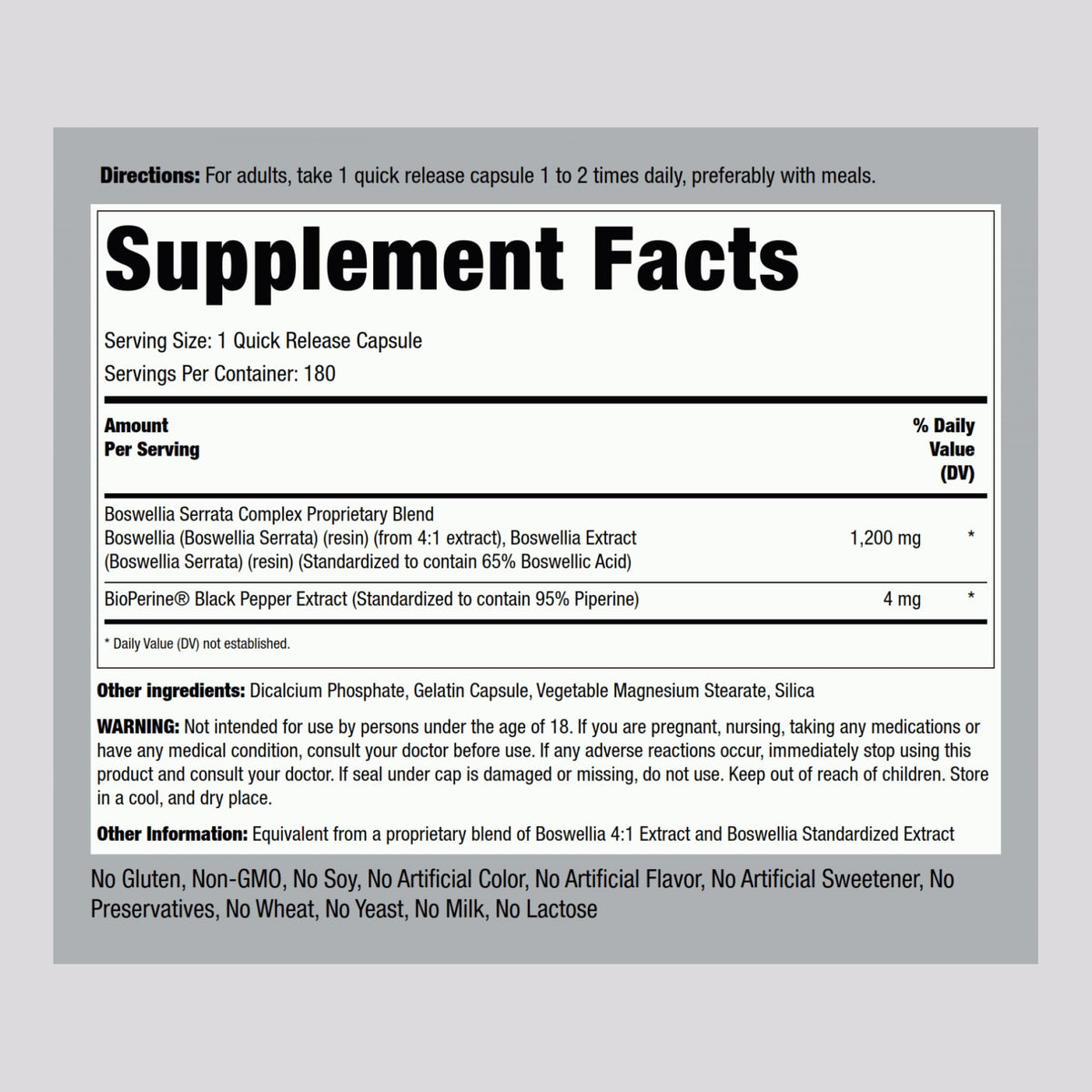 Piping Rock Boswellia Extract Capsules - 180 Count - image 2