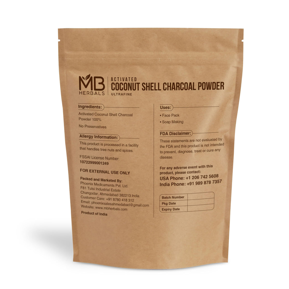 MB Herbals Activated Charcoal Powder from Coconut Shell 3.5 oz (100
