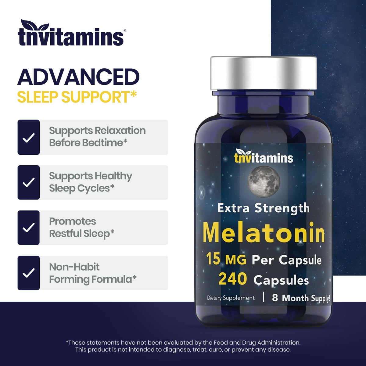 tnvitamins Melatonin 15 MG Sleep Support - 240 Capsules - image 4
