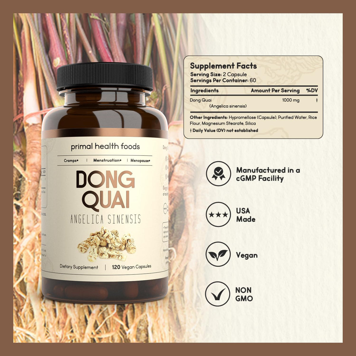 Primal Health Foods Organic Dong Quai 1000 mg - 120 Vegetarian Capsules - image 2
