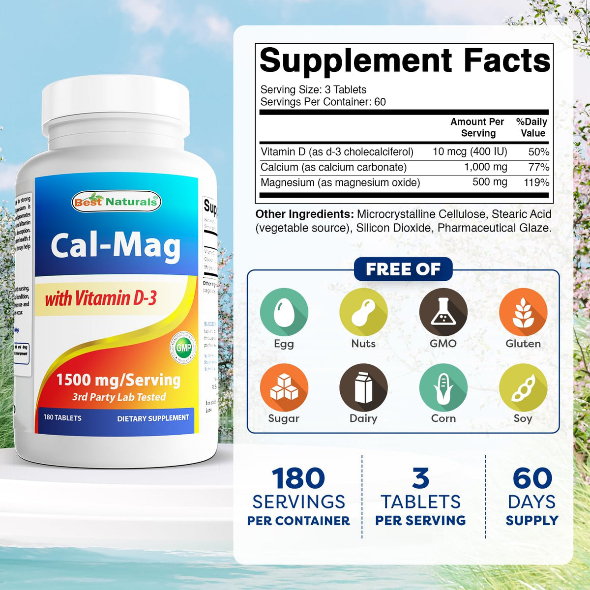 Best Naturals Calcium Magnesium with Vitamin D3 1500mg Serving 180
