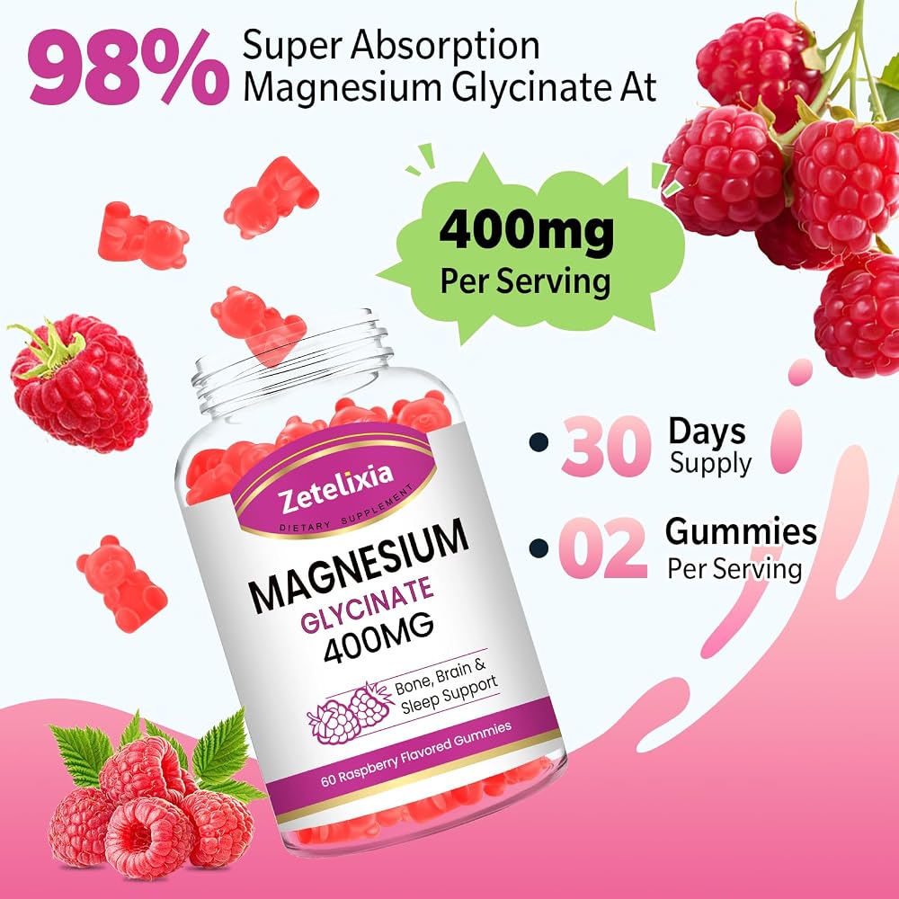 Zetelixia Magnesium Glycinate Gummies, Raspberry Flavor, 60 Count