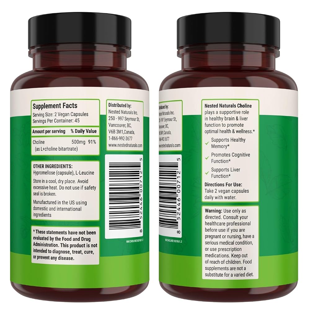 Nested Naturals Choline Bitartrate 500mg - 180 Capsules - image 9