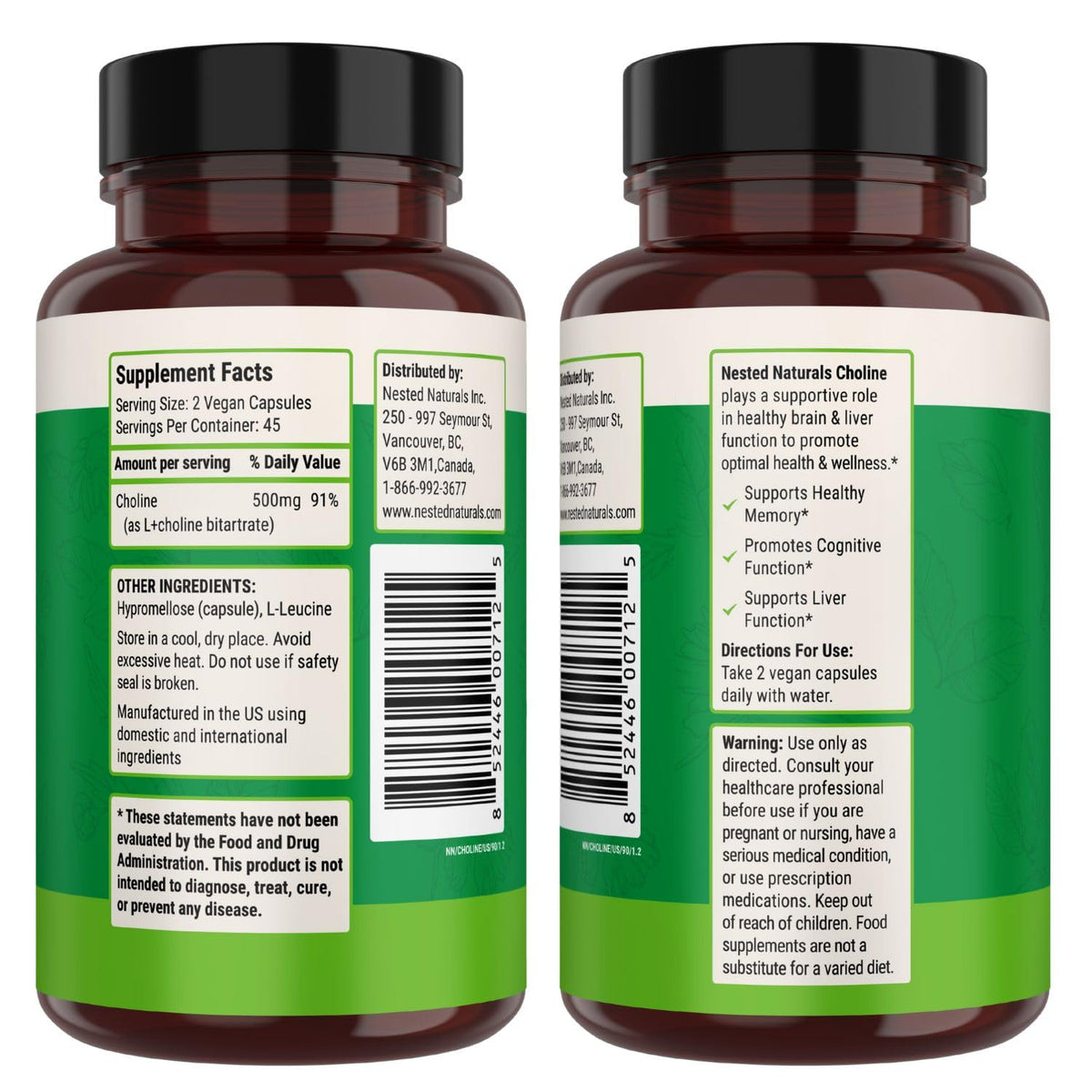 Nested Naturals Choline Bitartrate 500mg Cognitive Support - 90 Vegan Capsules - image 9