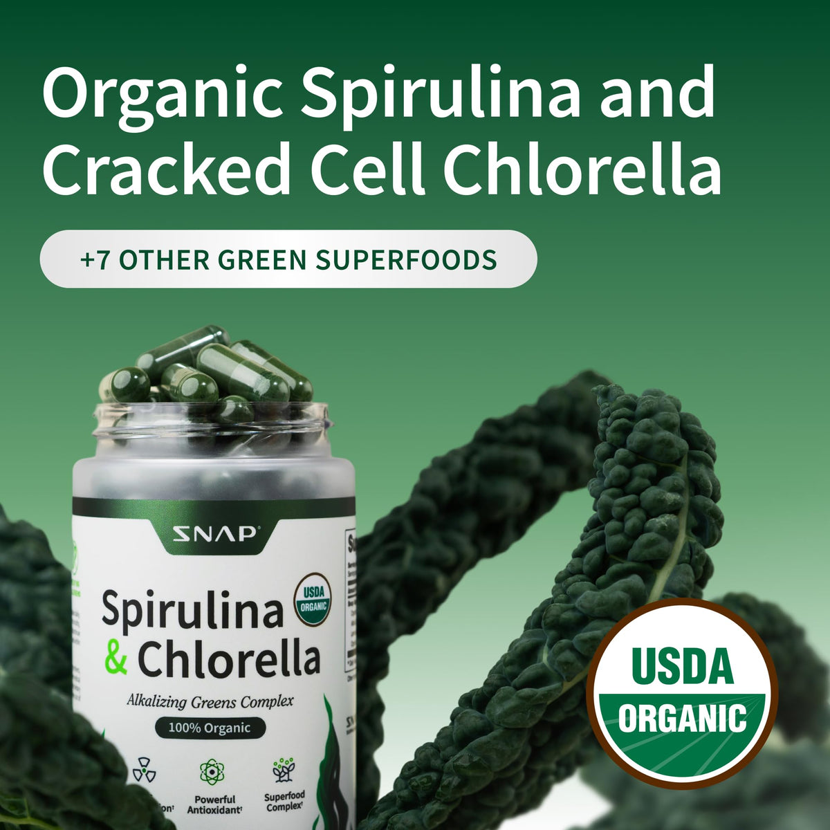 Snap Supplements USDA Organic Spirulina and Chlorella - 120 Capsules - image 3