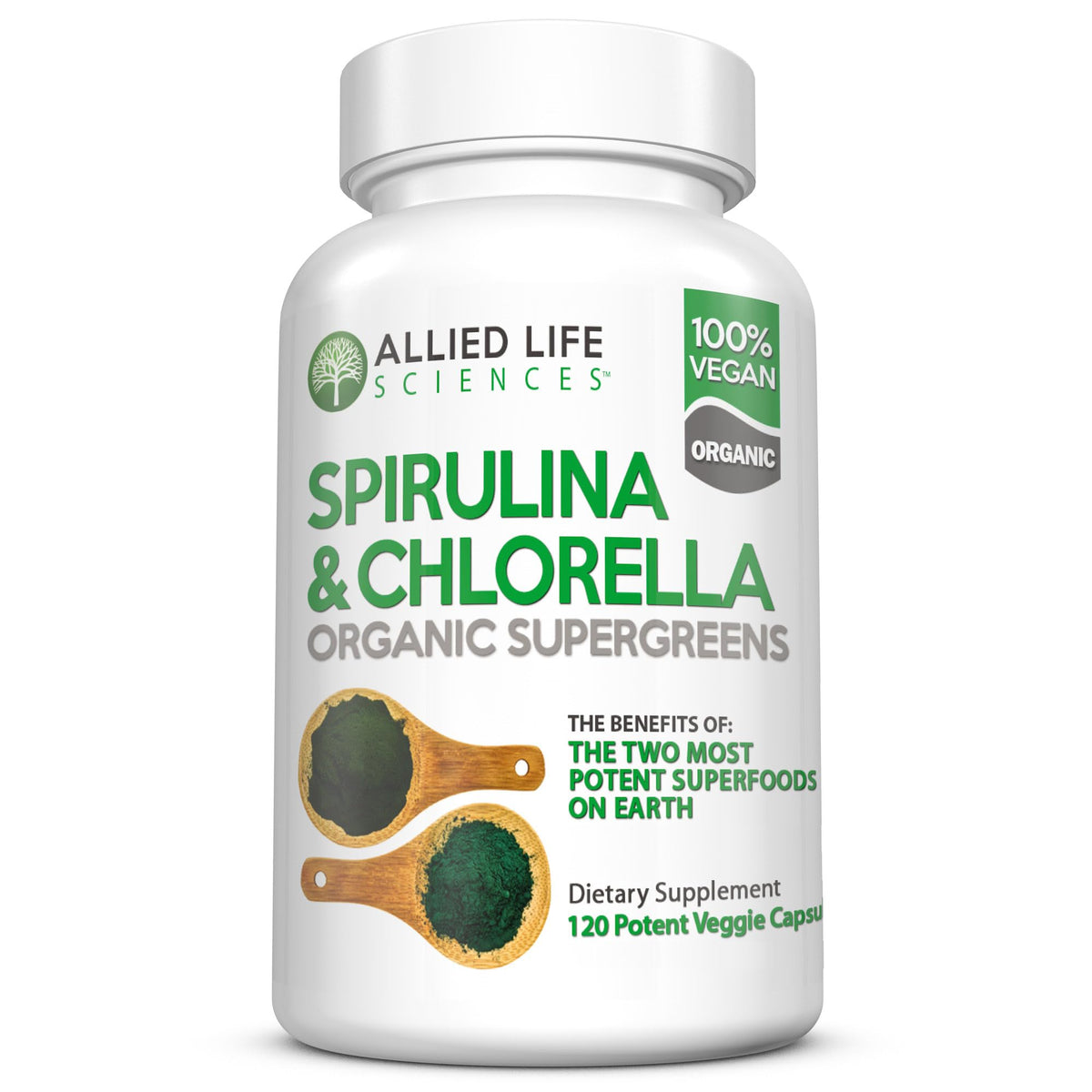 Allied Life Sciences Spirulina and Chlorella Vegan Protein Powder - 120 Capsules