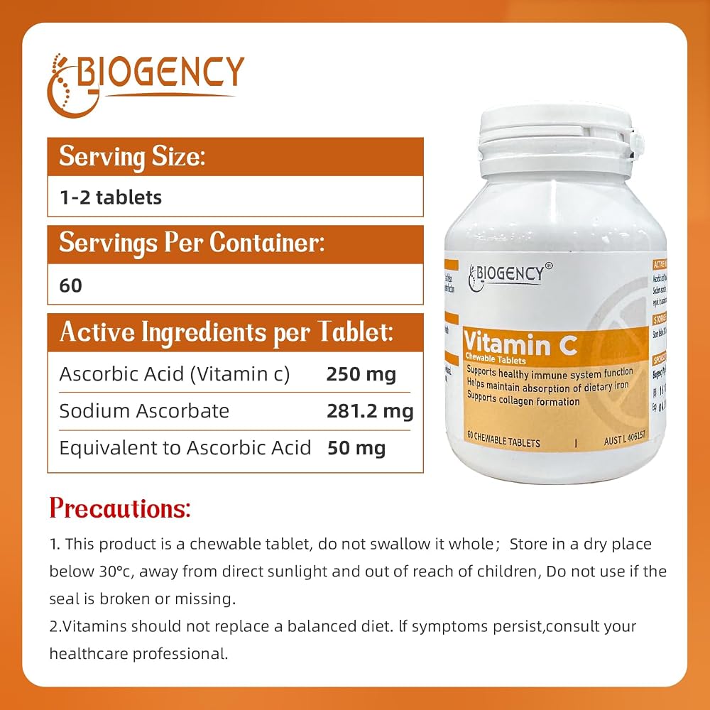 Biogency 60 Tablets Vegan Food Vitamin C Chewable Supplement