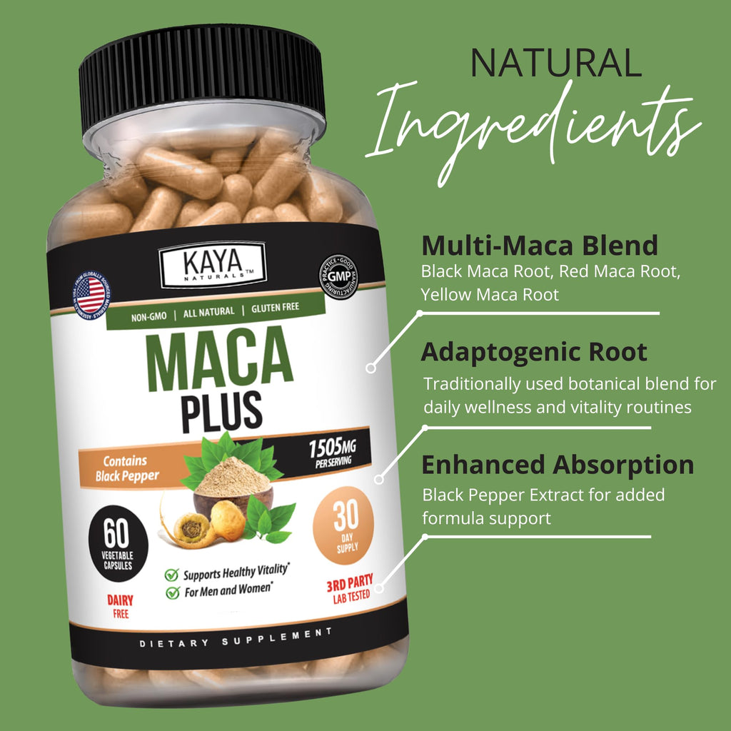 Kaya Naturals MACA Plus - Maca Root Capsules for Women and Men