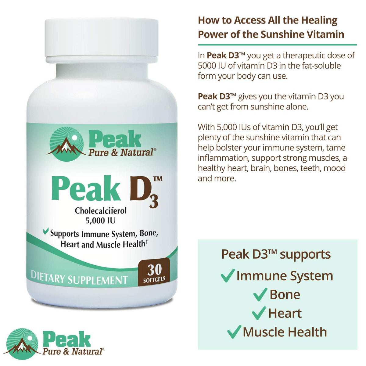 Peak Pure & Natural D3 Vitamin D3 Supplement - 30 Servings - image 3