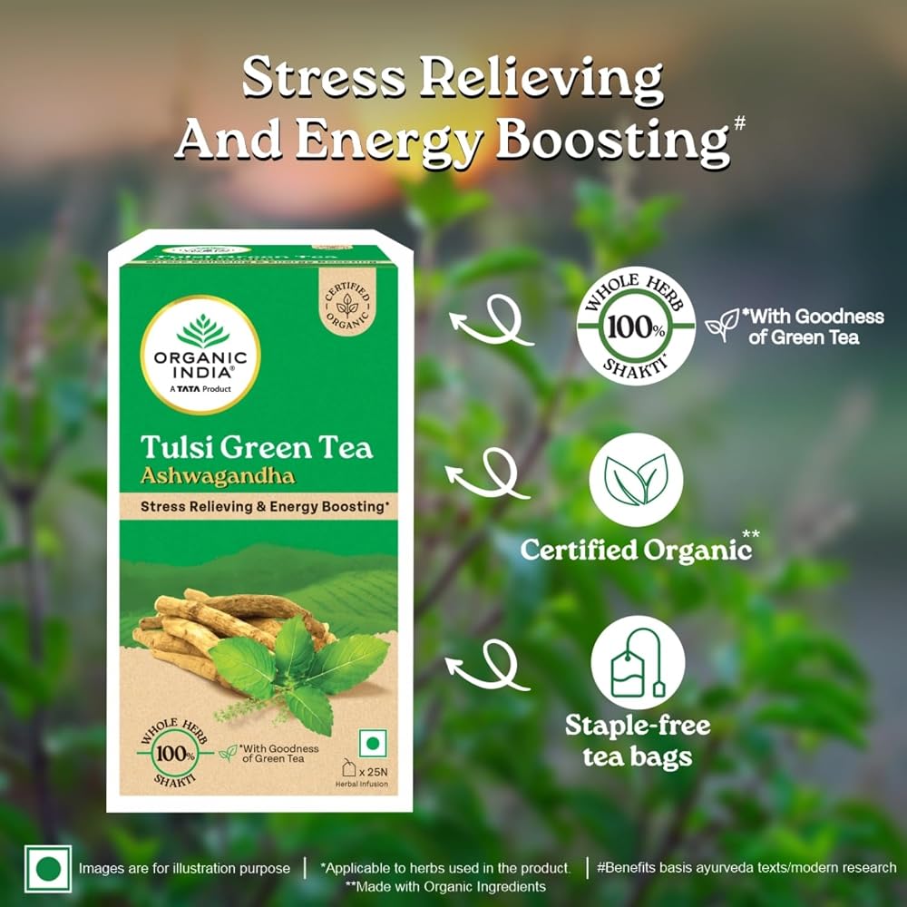 Organic India Tulsi Green Tea with Ashwagandha - 25 Tea Bags - image 4