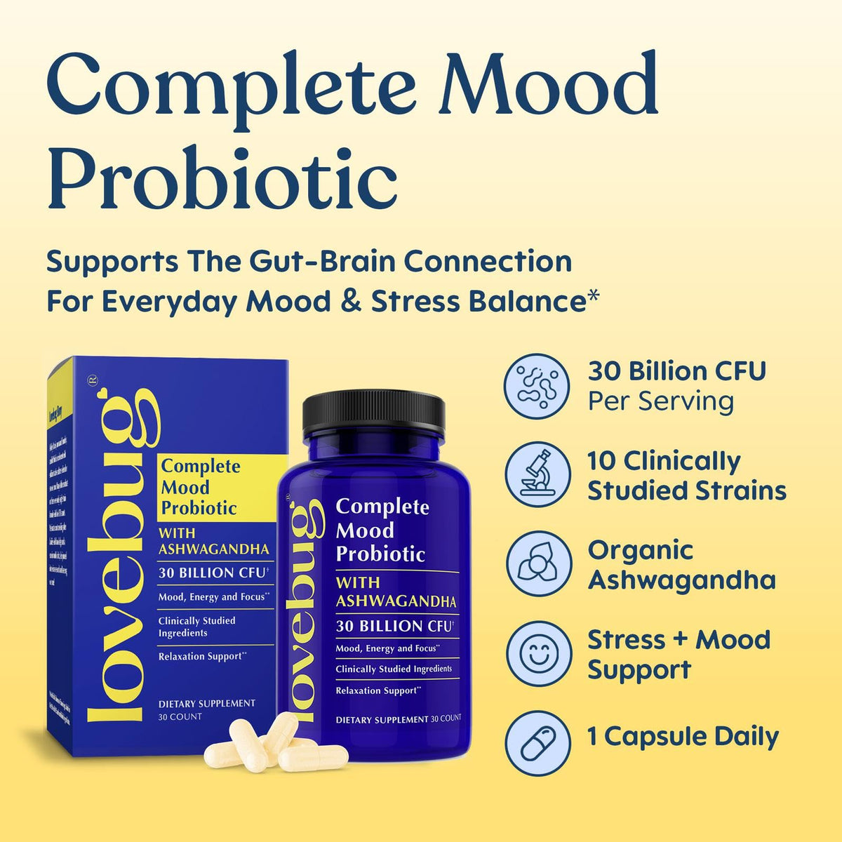 LOVEBUG Complete Mood Probiotic with Ashwagandha - 30 Capsules - image 2