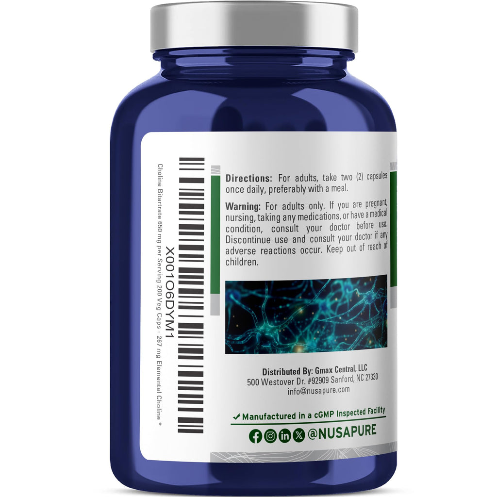 NusaPure Choline Bitartrate 650mg - 200 Vegetarian Capsules - image 3