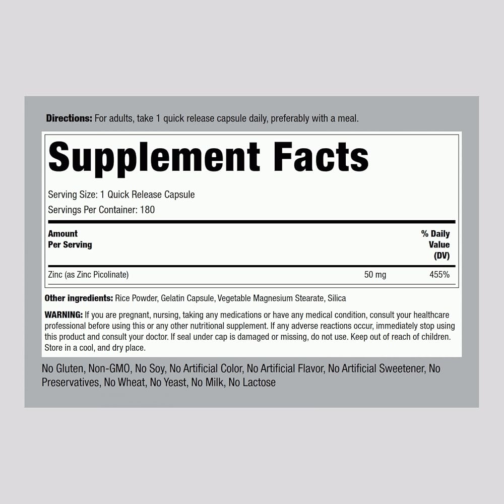 Piping Rock Zinc Picolinate 50 mg - 180 Capsules - image 2