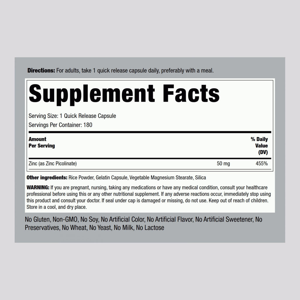 Piping Rock Zinc Picolinate 50 mg - 180 Capsules - image 2