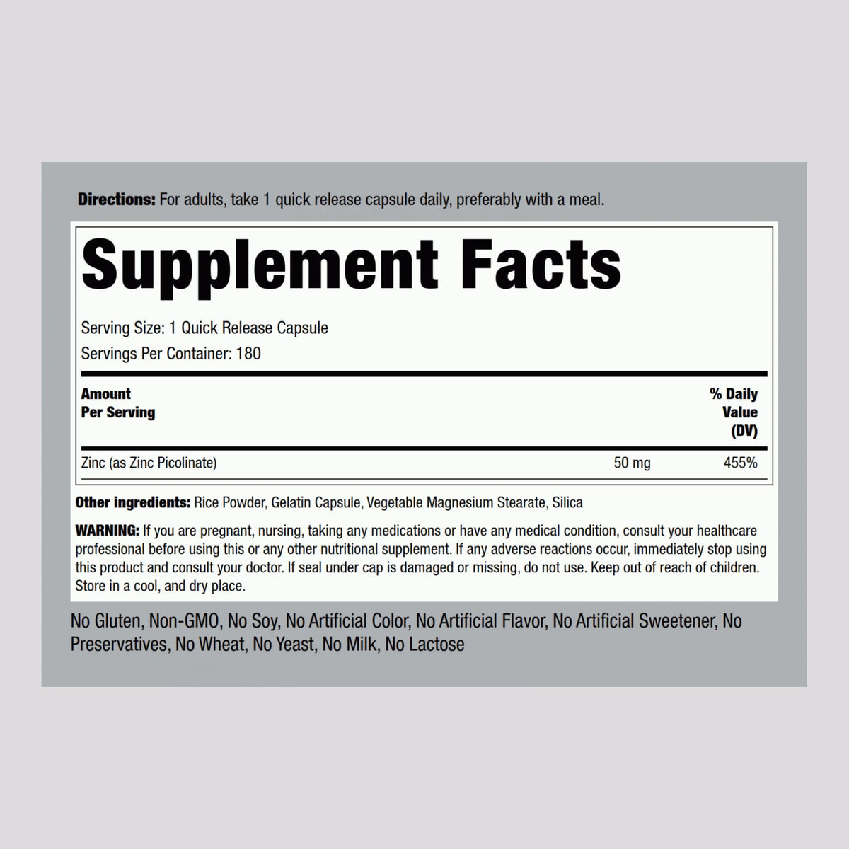 Piping Rock Zinc Picolinate 50 mg - 180 Capsules - image 2