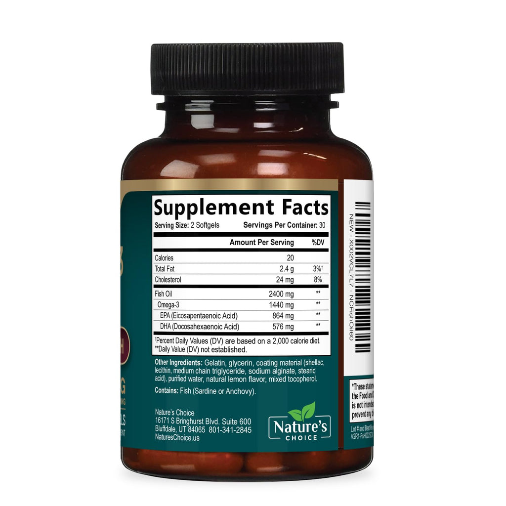 Nature's Choice Omega 3 Fish Oil Supplements - 2400mg Fish Oil Per