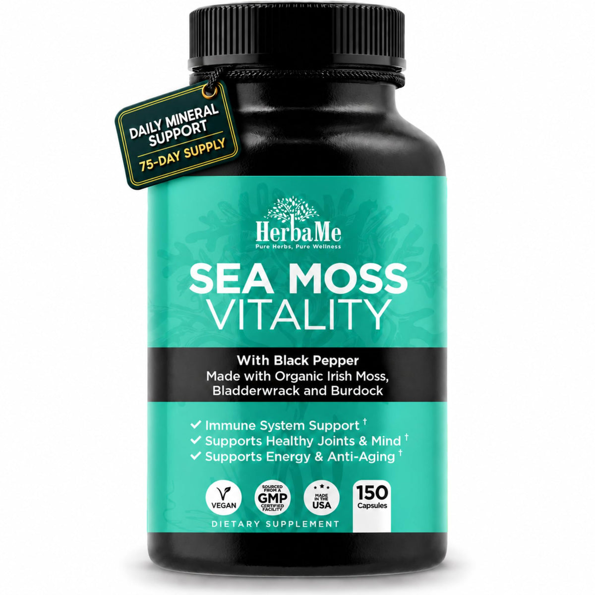 HerbaMe Organic Irish Sea Moss with Bladderwrack & Burdock - 150 Capsules