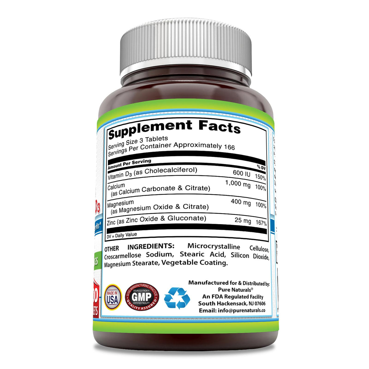 Pure Naturals Calcium Magnesium Zinc Vitamin D3 - 500 Tablets - image 2