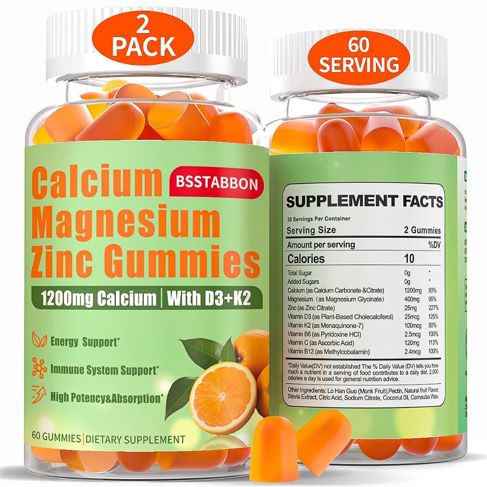 BSSTABBON Calcium Magnesium Zinc Gummies with D3 K2 - 120 Count