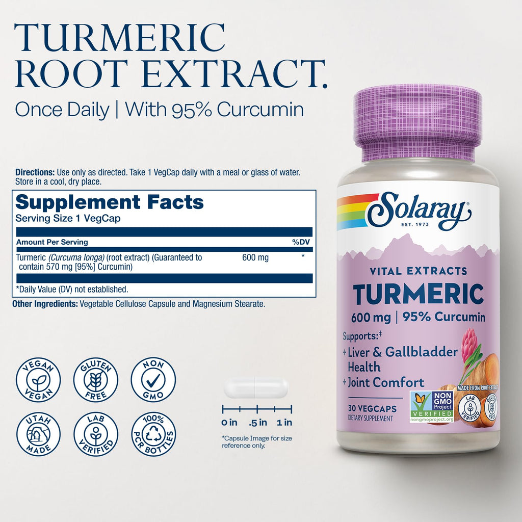 SOLARAY Turmeric Root Extract 600mg Joint Support - 30 Vegetarian Capsules - image 2