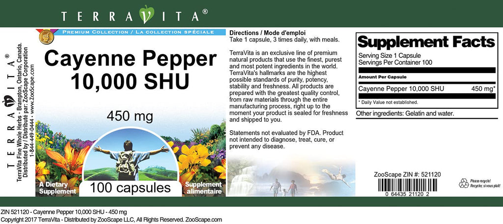 Terravita Cayenne Pepper 10,000 SHU - 450 mg (100 Capsules, ZIN: