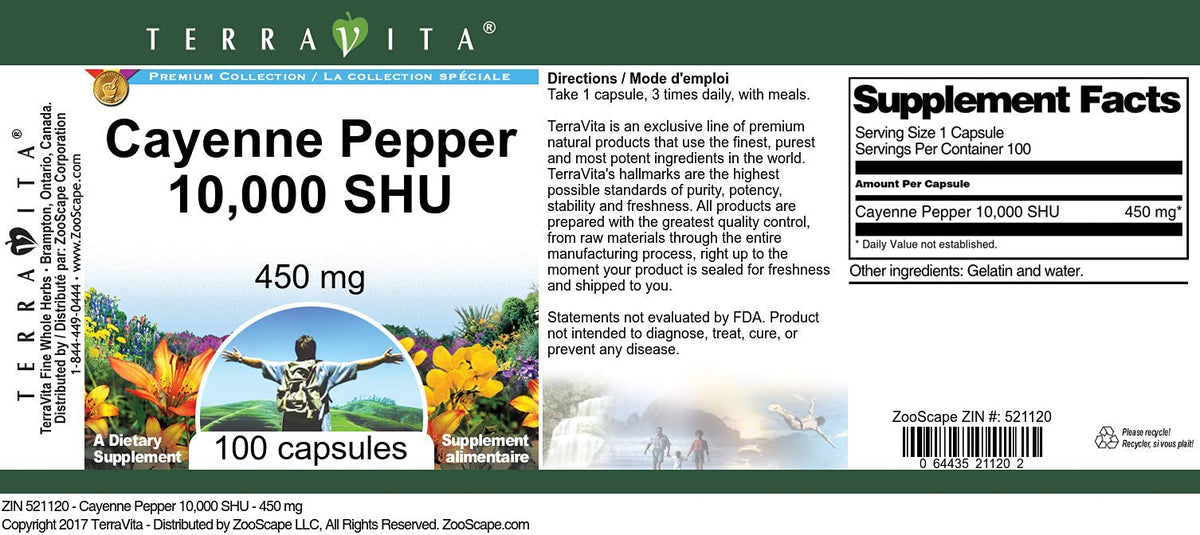 Terravita Cayenne Pepper 10,000 SHU - 450 mg (100 Capsules, ZIN: