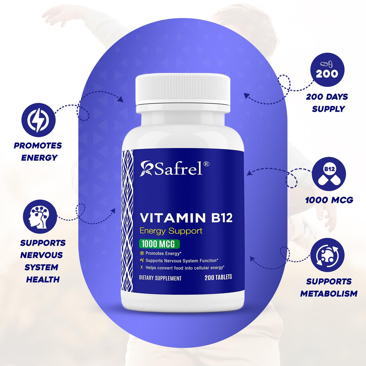 Safrel Vitamin B12 1000 mcg Tablets for Energy - 200 Count - image 3
