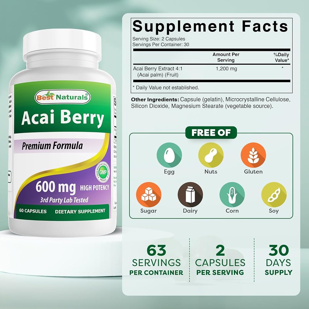 Best Naturals Acai Berry 600mg Antioxidant Support - 120 Capsules - image 2