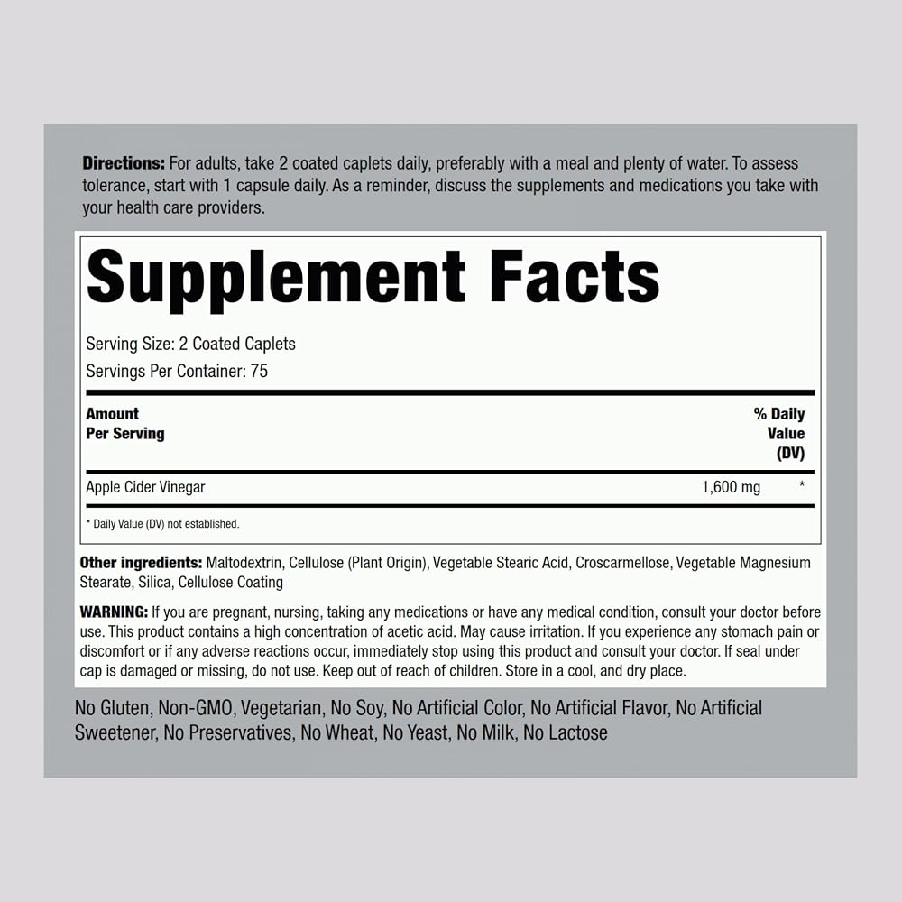 Piping Rock Apple Cider Vinegar 1600mg - 150 Caplets - image 2