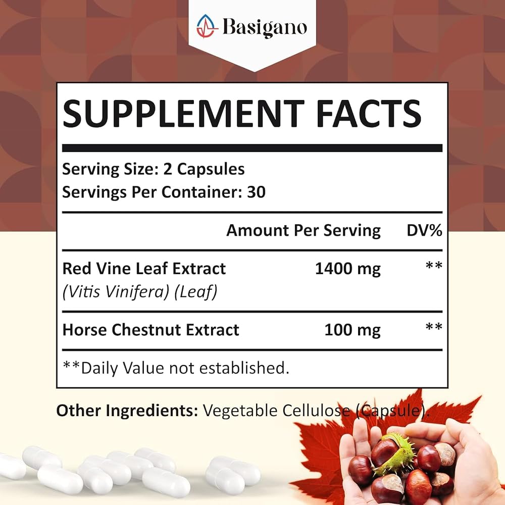 Basigano Red Vine Leaf & Horse Chestnut Extract - 120 Capsules - image 2
