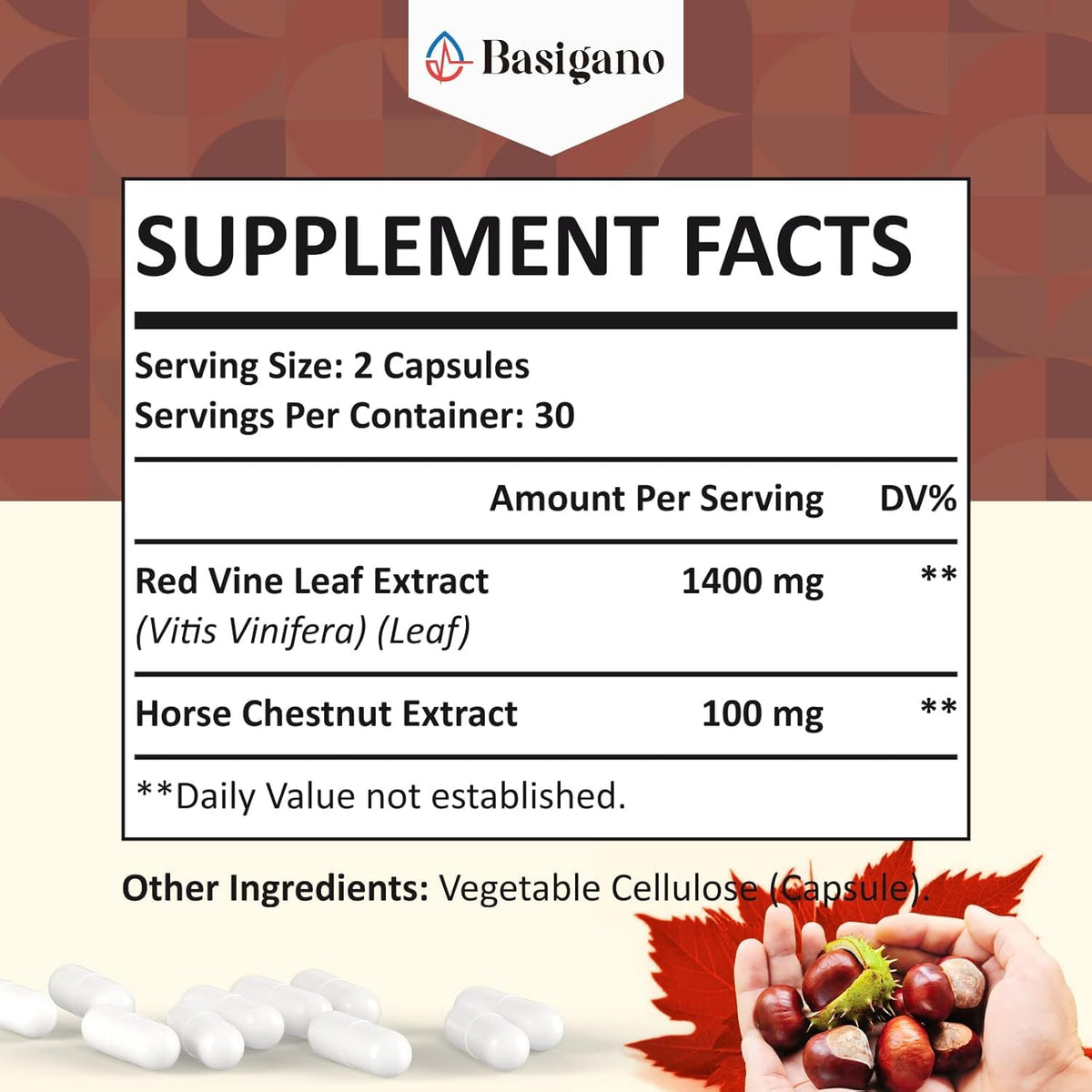 Basigano Red Vine Leaf & Horse Chestnut Extract - 60 Capsules - image 2