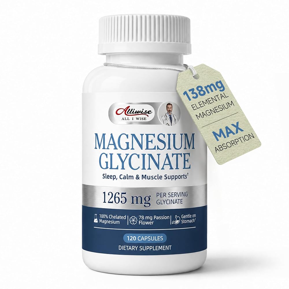 Alliwise Magnesium Glycinate 1265mg, 100% Chelated Magnesium Capsules